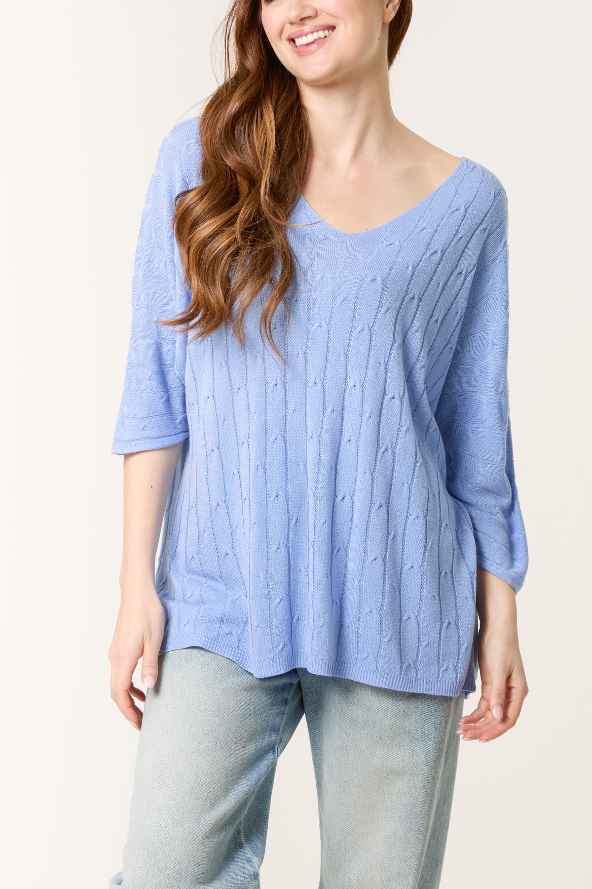 V-Neck Cable Knit 3/4 Sleeve Jumper