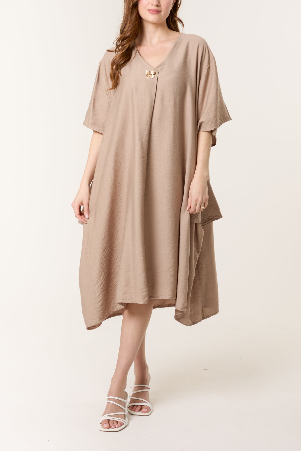 V-Neck Butterfly Button Midi Dress