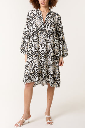 Ikat Print Tiered Midi Dress