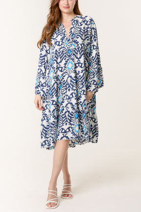 Ikat Print Tiered Midi Dress