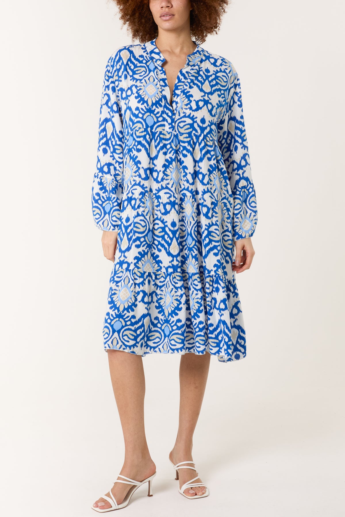 Ikat Print Tiered Midi Dress