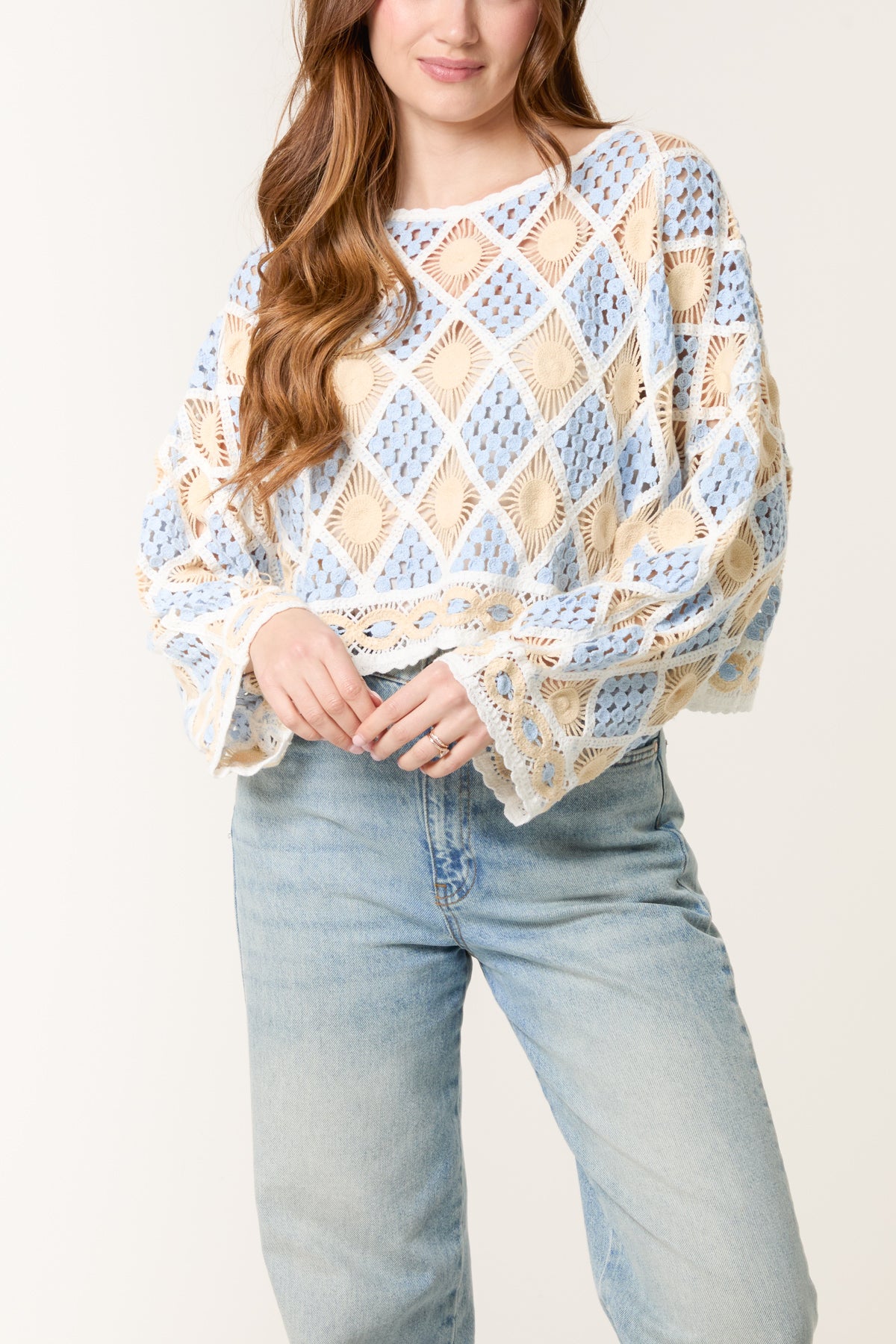 Boat Neck Long Sleeve Crochet Top