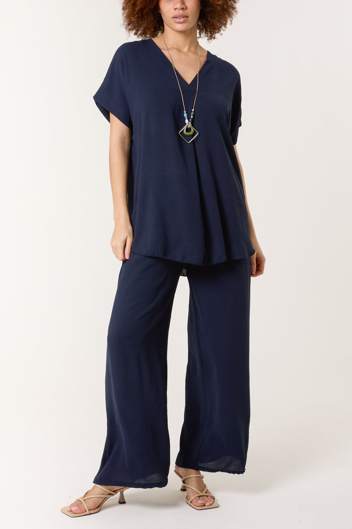 Necklace V-Neck Wide Leg Trousers Set