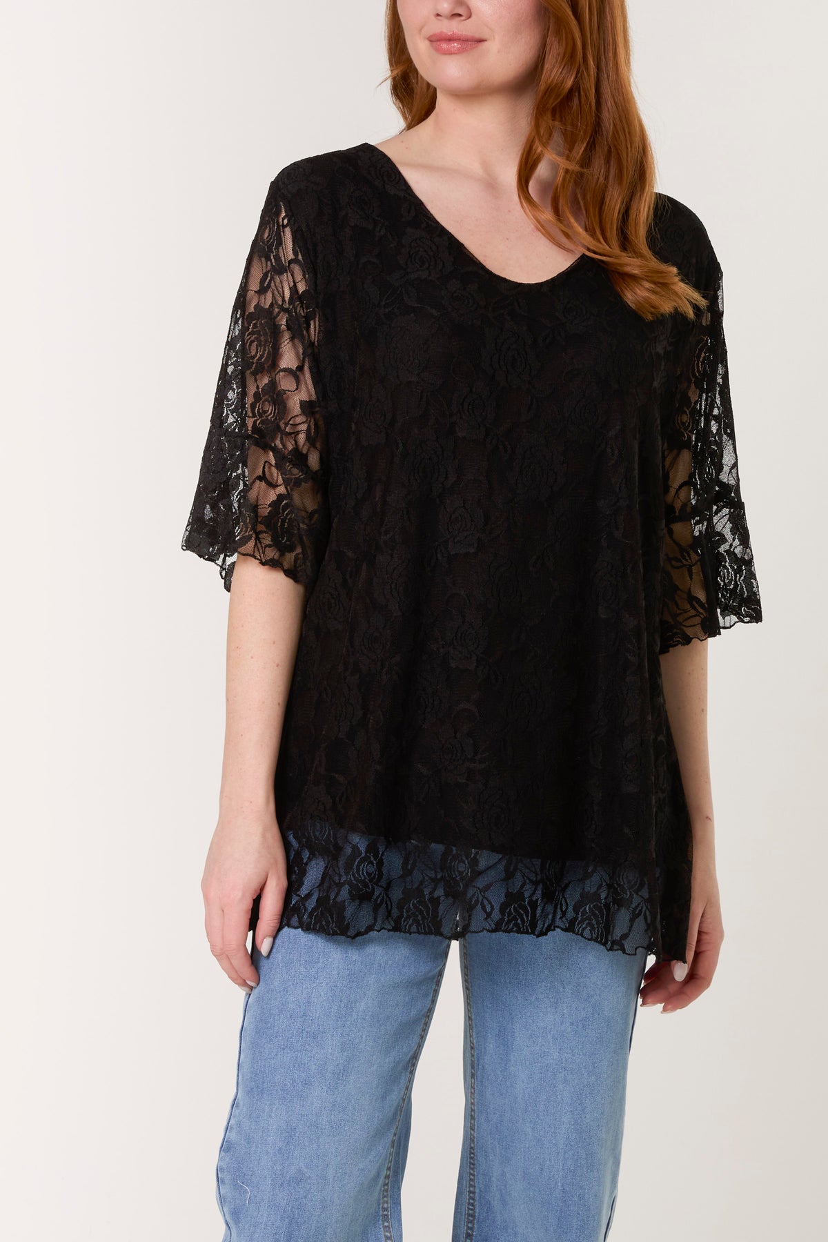 V-Neck Floral Lace Frill Sleeve Top