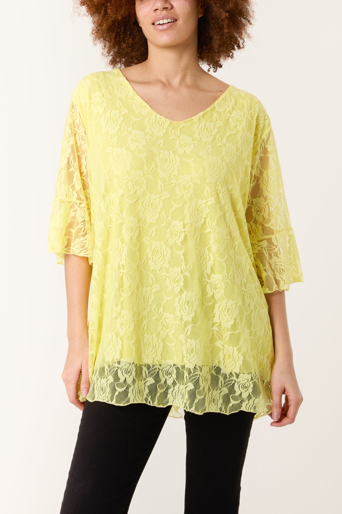 V-Neck Floral Lace Frill Sleeve Top