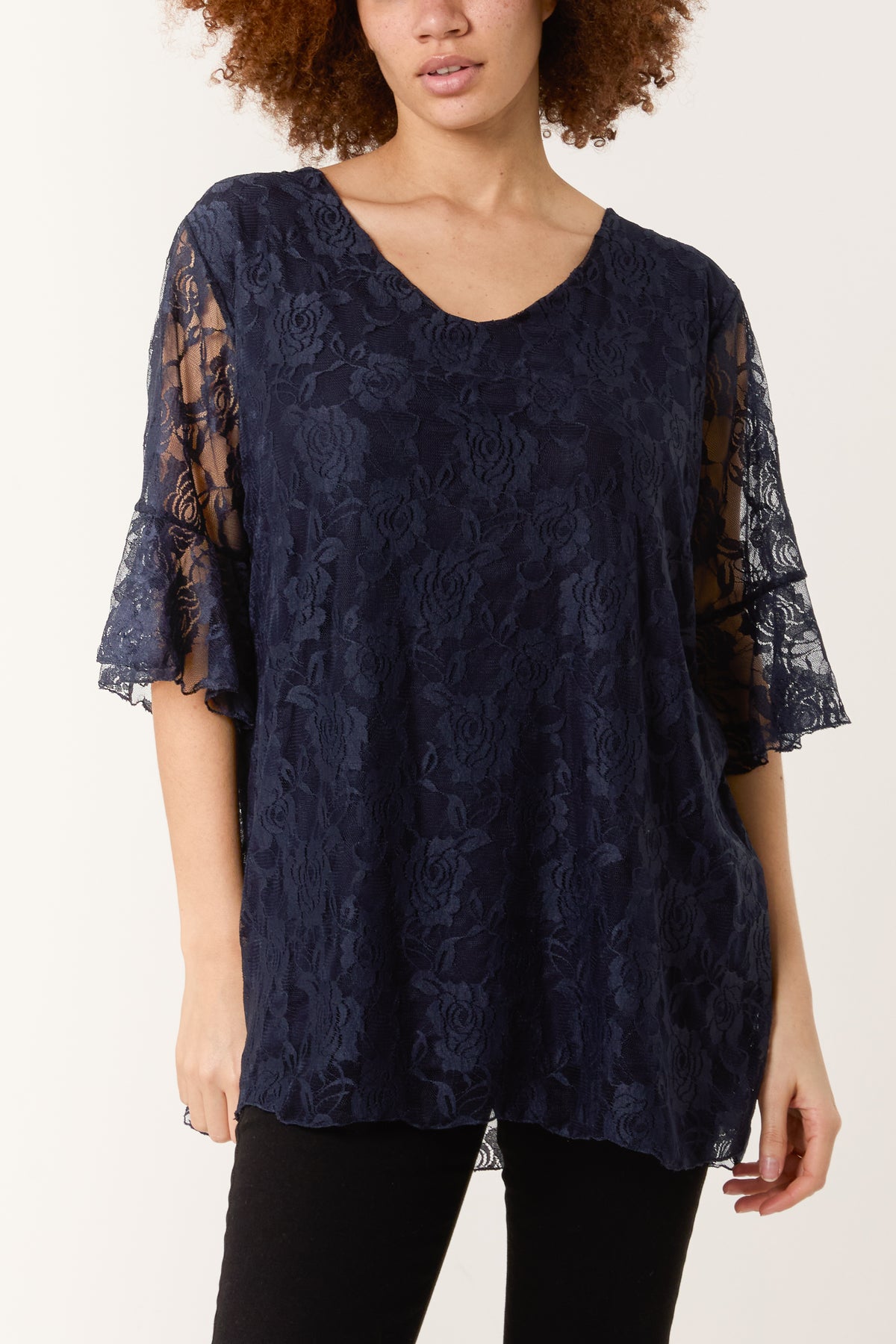 V-Neck Floral Lace Frill Sleeve Top