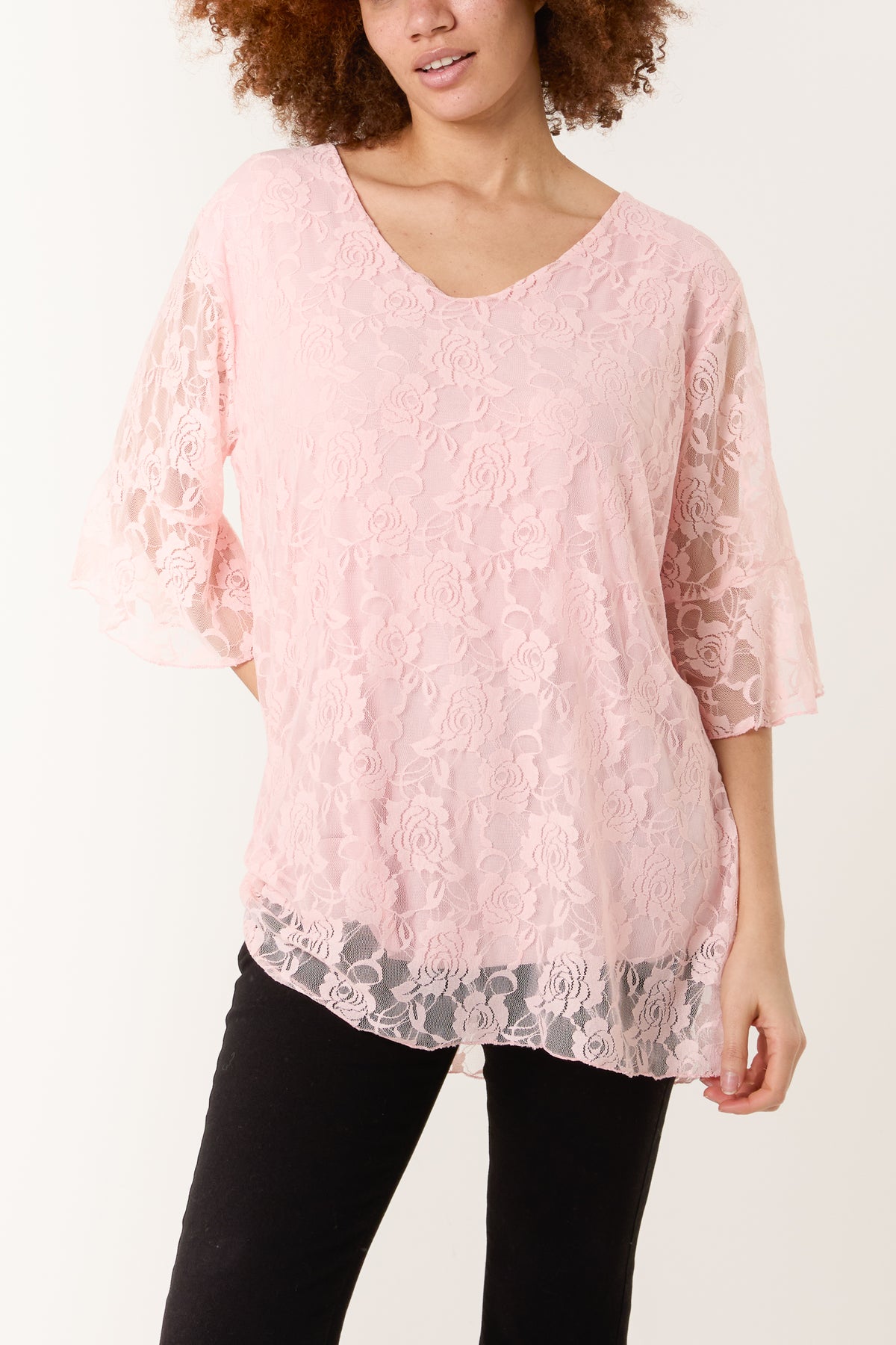 V-Neck Floral Lace Frill Sleeve Top