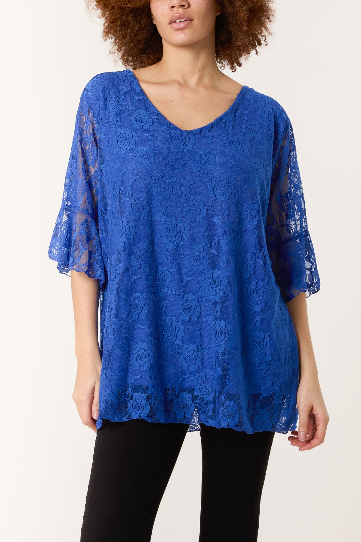 V-Neck Floral Lace Frill Sleeve Top