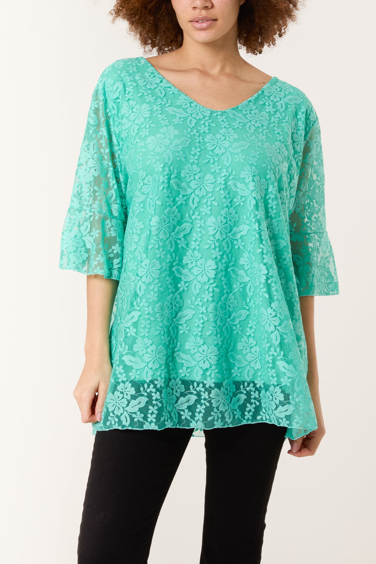 V-Neck Floral Lace Frill Sleeve Top