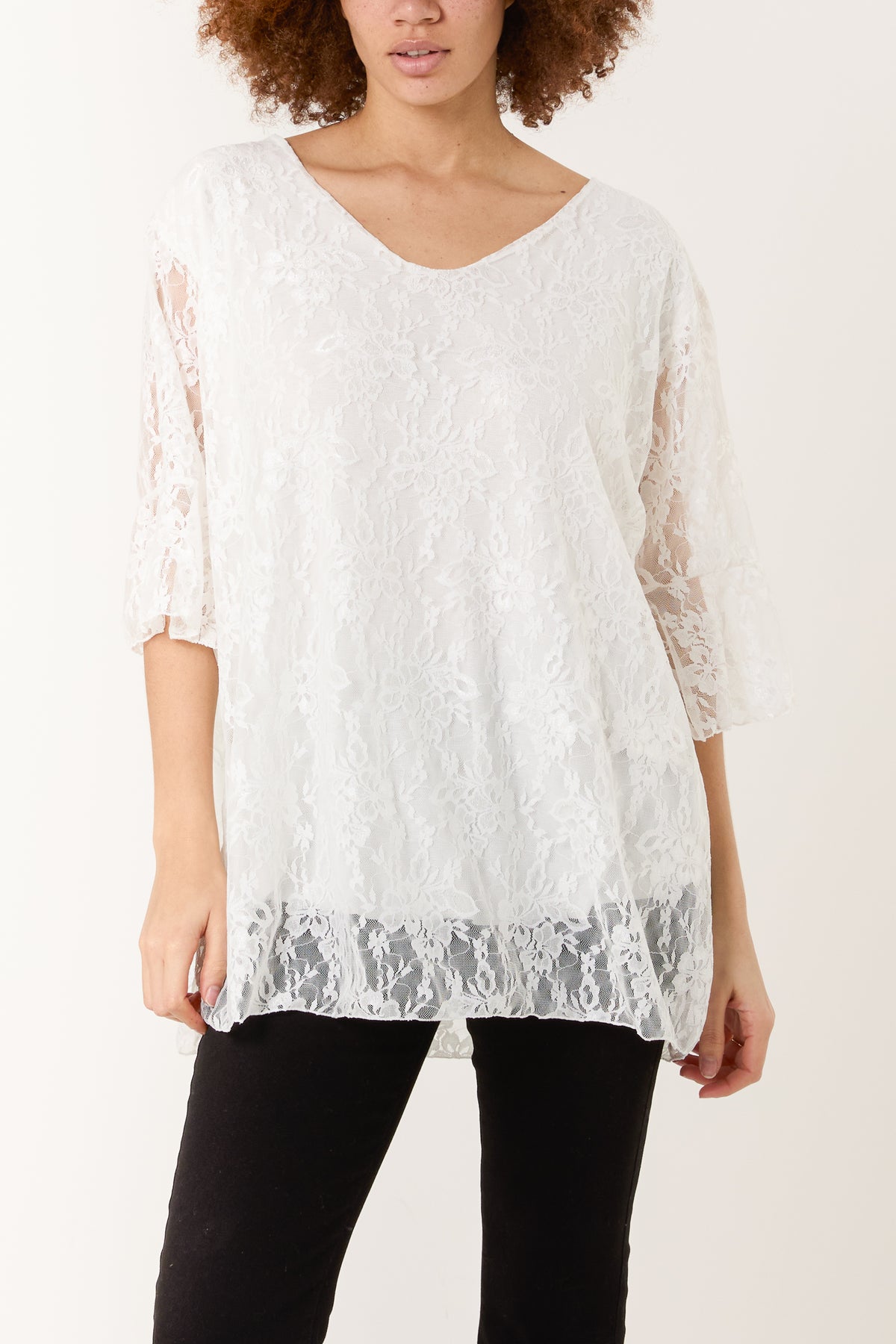 V-Neck Floral Lace Frill Sleeve Top