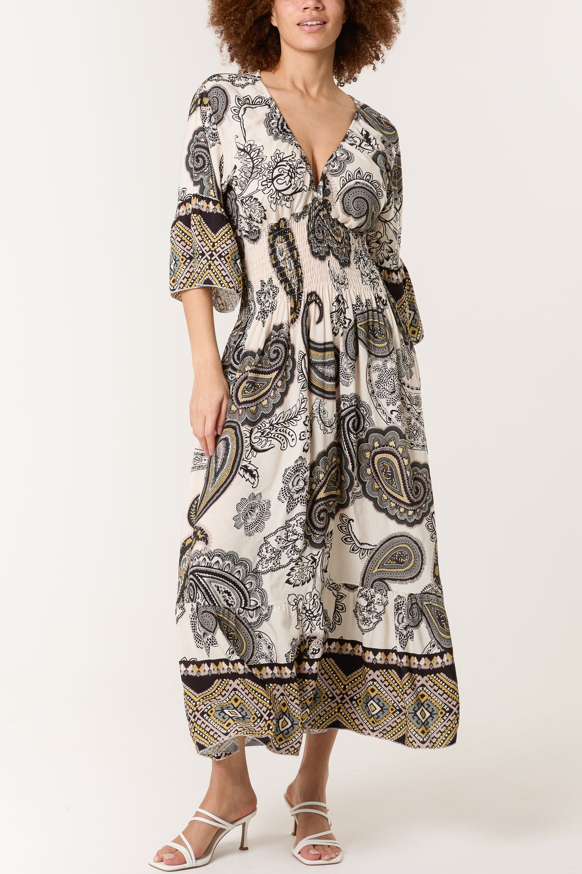 Paisley Tribal Shirred Bodice Maxi Dress