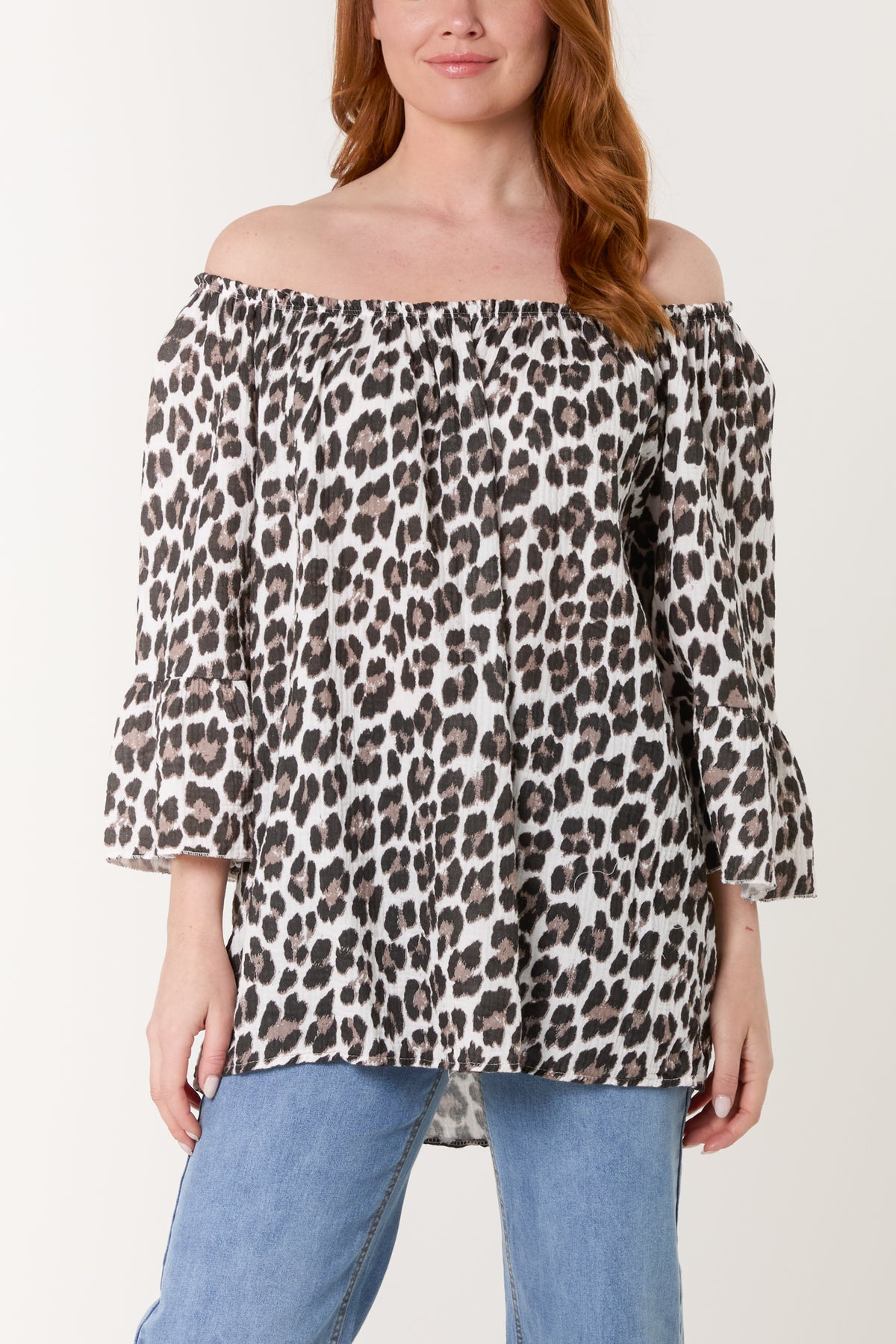 Leopard Print Bardot Cheesecloth Top