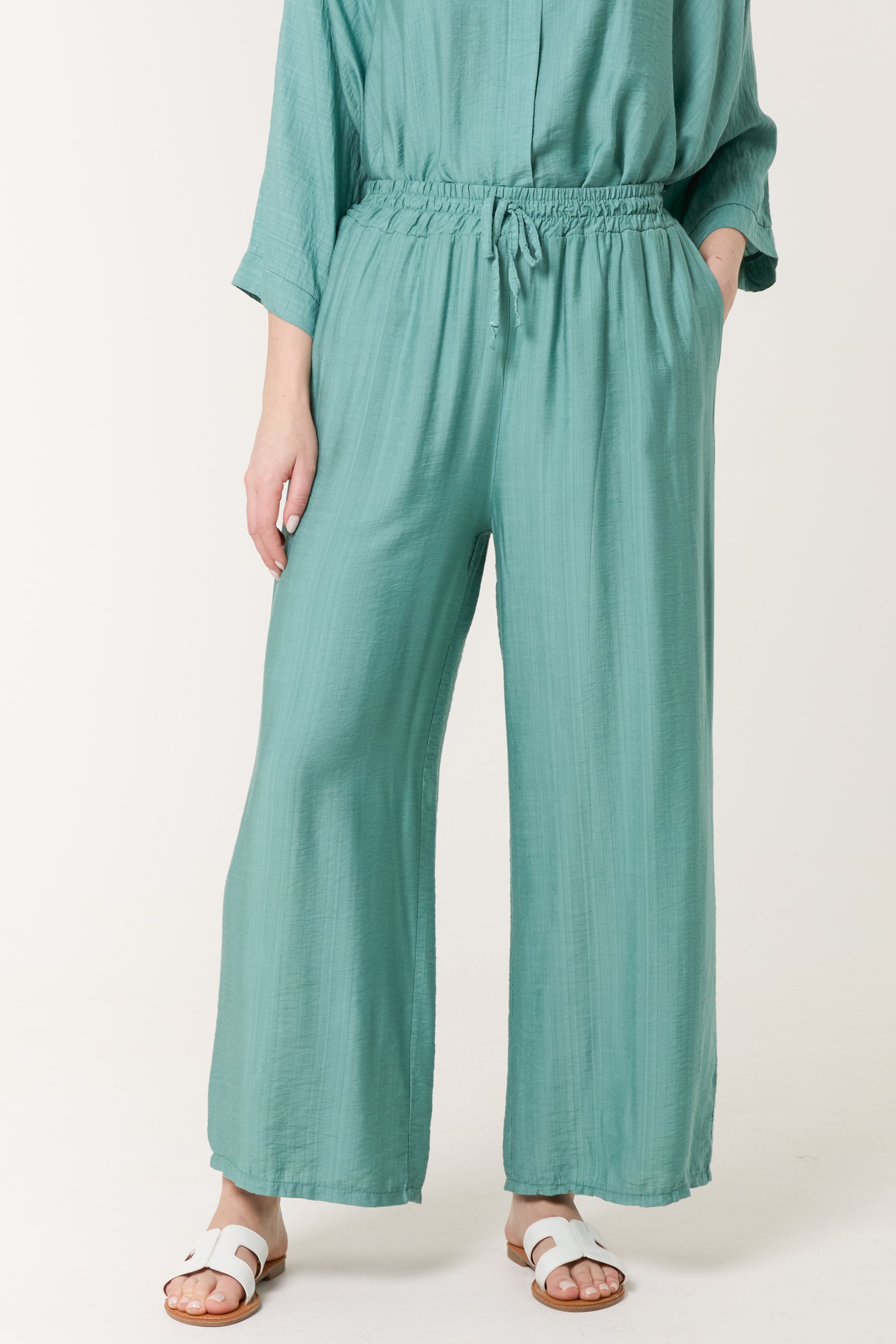 Elastic Waist Pocket Wide Leg Trousers