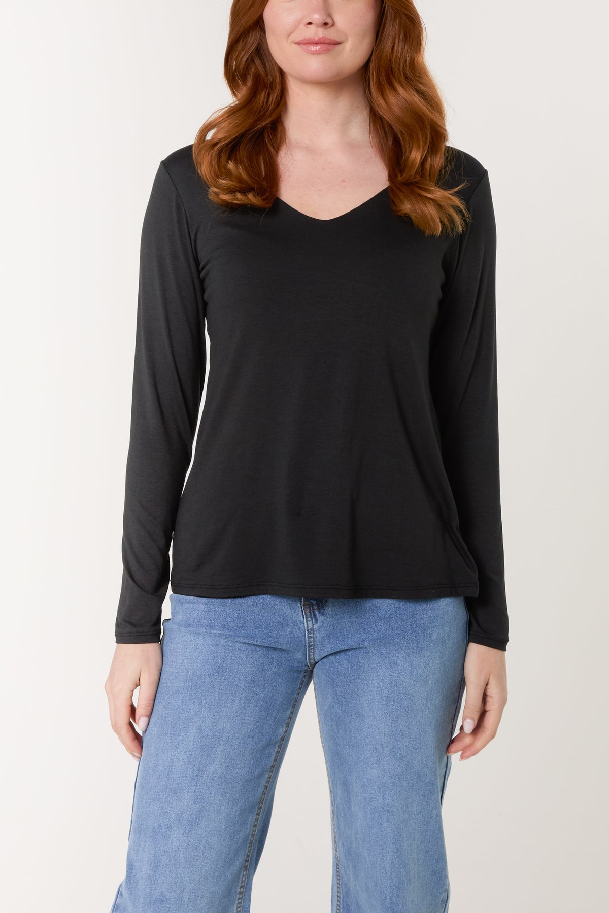 Basic V-Neck Stretch Long Sleeve Top