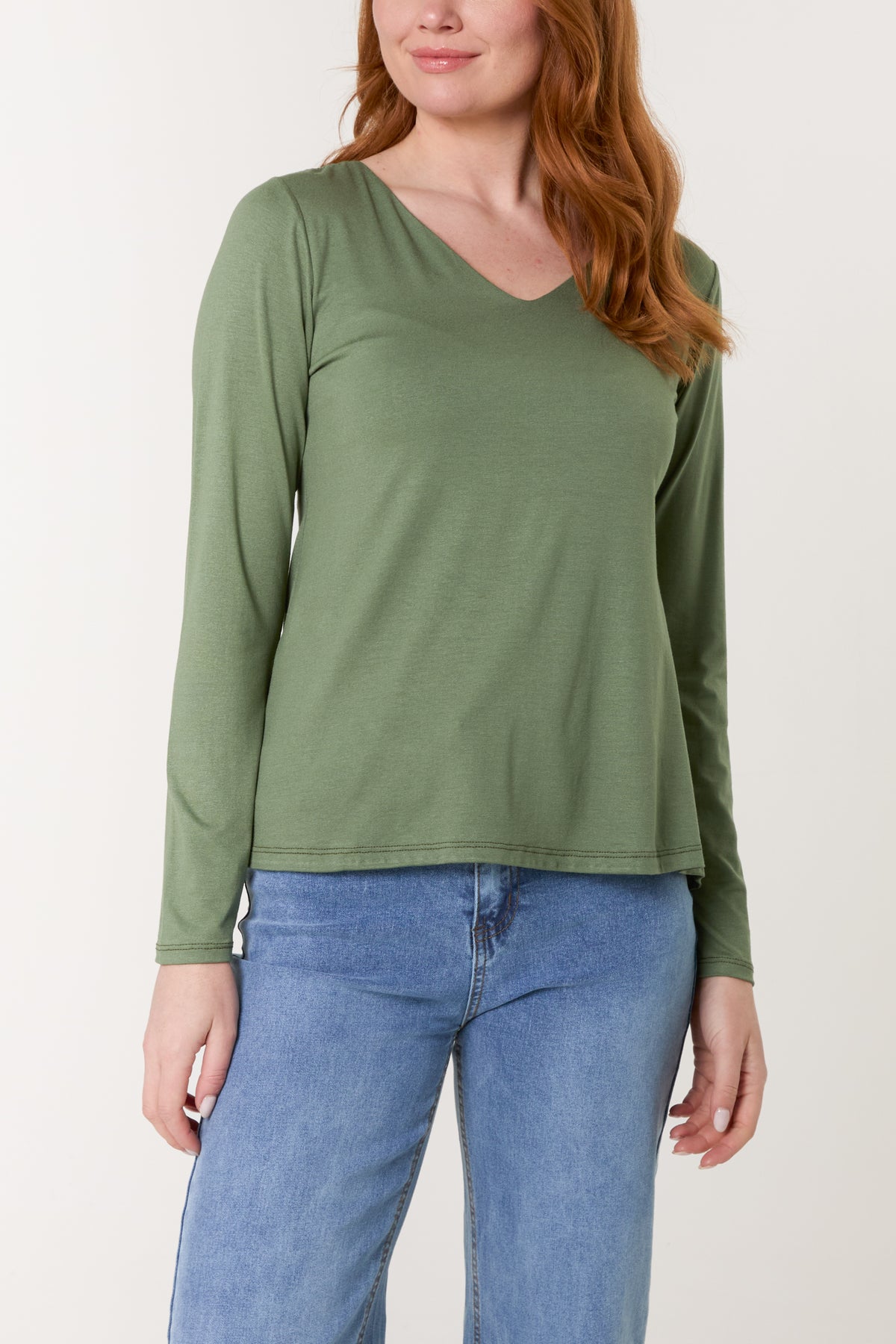 Basic V-Neck Stretch Long Sleeve Top