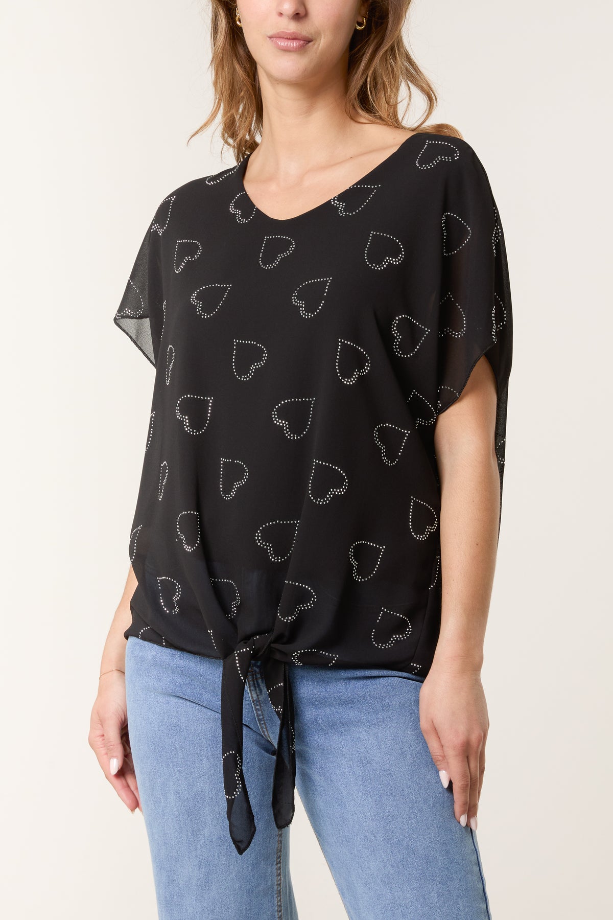 Heart Diamante Front Tie Blouse