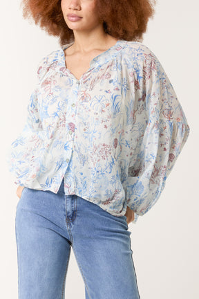 Sea Print Balloon Sleeve Blouse