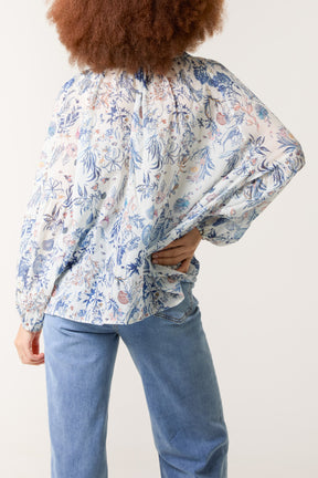 Sea Print Balloon Sleeve Blouse