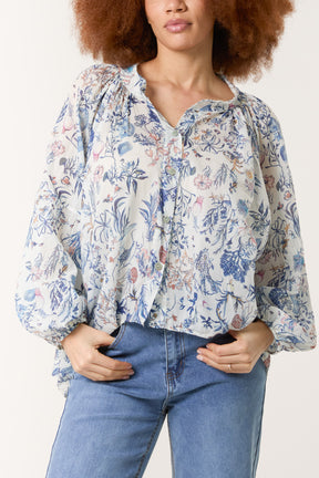 Sea Print Balloon Sleeve Blouse