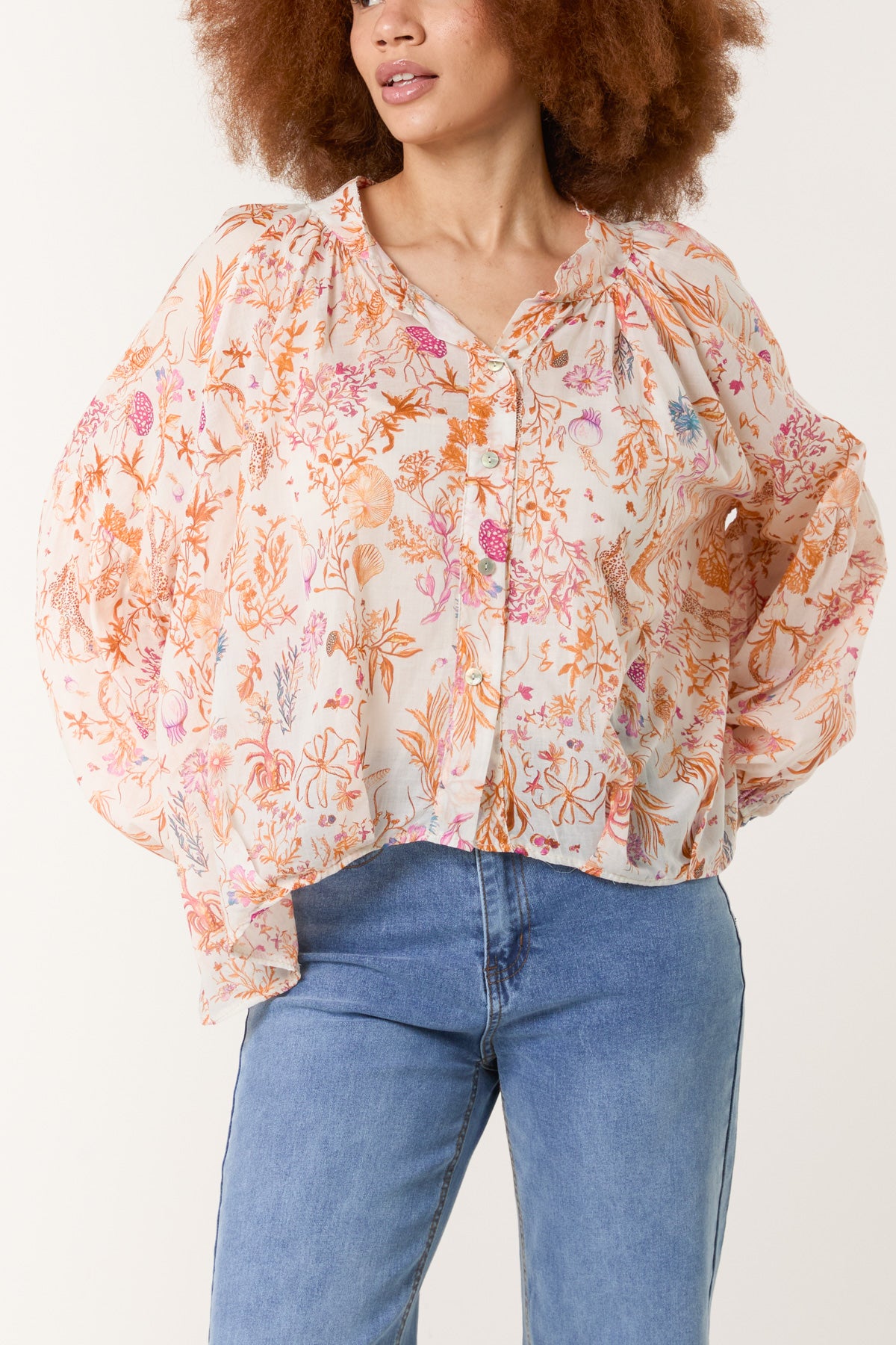 Sea Print Balloon Sleeve Blouse