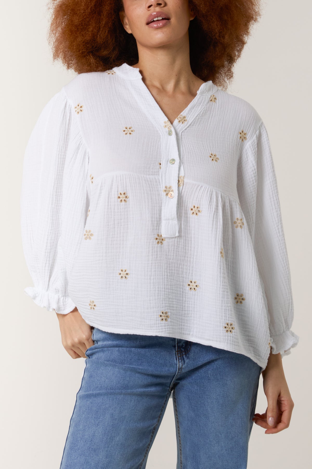 Gold Broderie Anglaise Cheesecloth Blouse