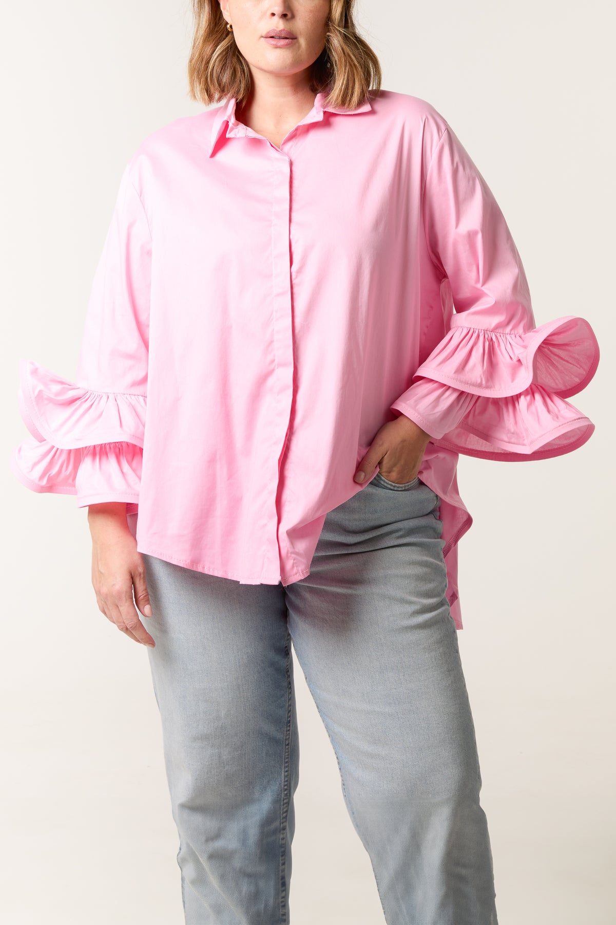 Cotton Poplin Double Frill Sleeve Shirt