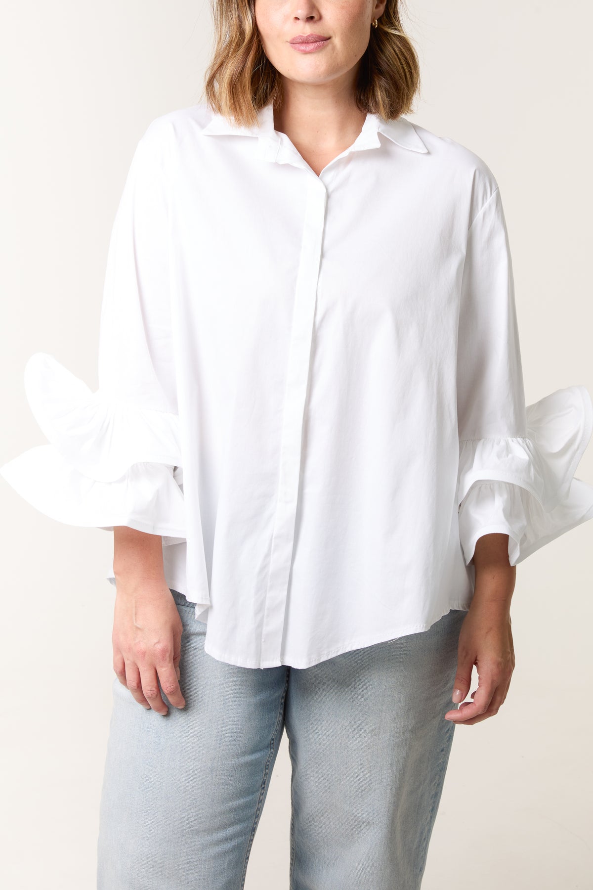 Cotton Poplin Double Frill Sleeve Shirt