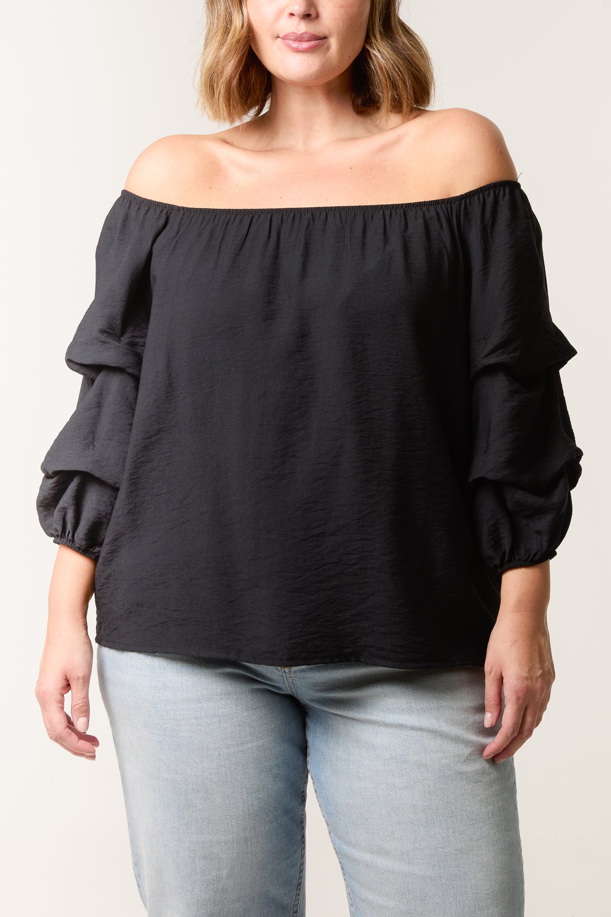 Ruched 3/4 Sleeve Bardot Top