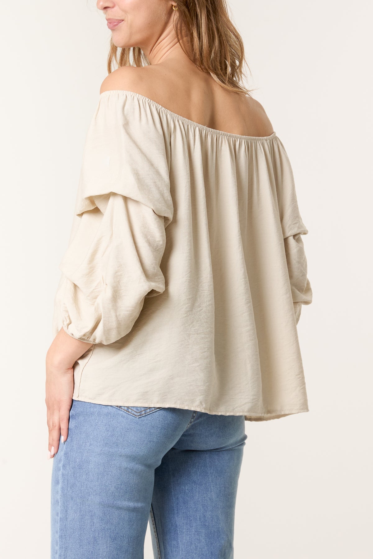 Ruched 3/4 Sleeve Bardot Top