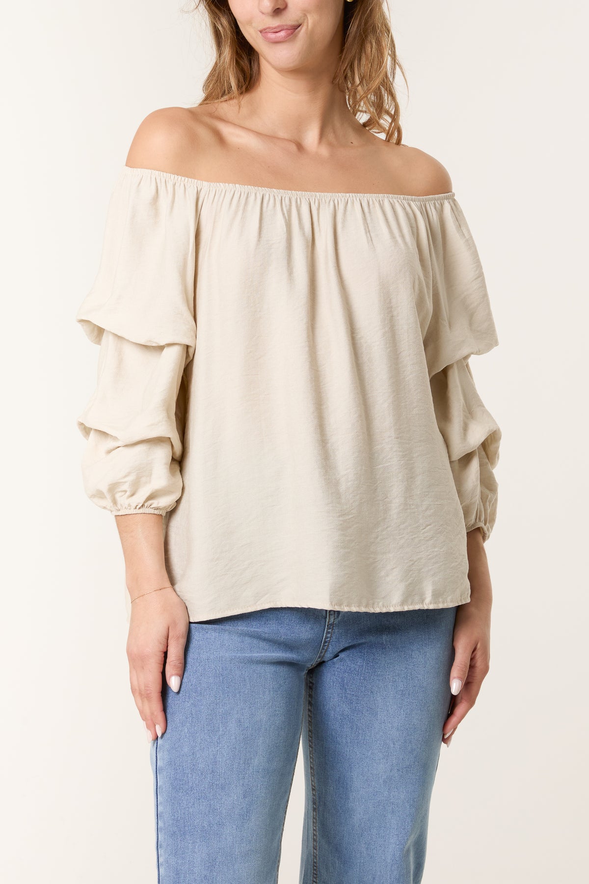 Ruched 3/4 Sleeve Bardot Top