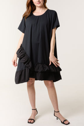 Cotton Blend Ruffle Hem Mini Dress