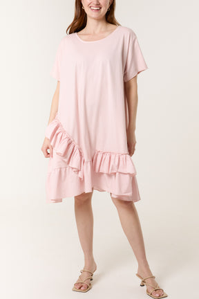 Cotton Blend Ruffle Hem Mini Dress