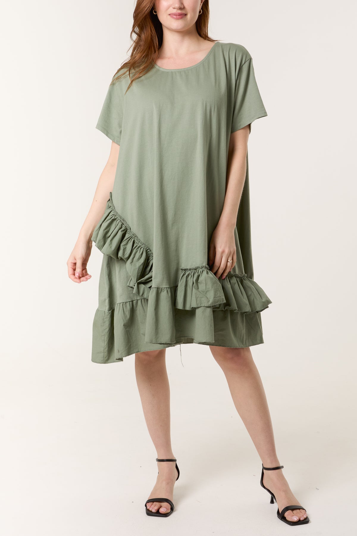 Cotton Blend Ruffle Hem Mini Dress