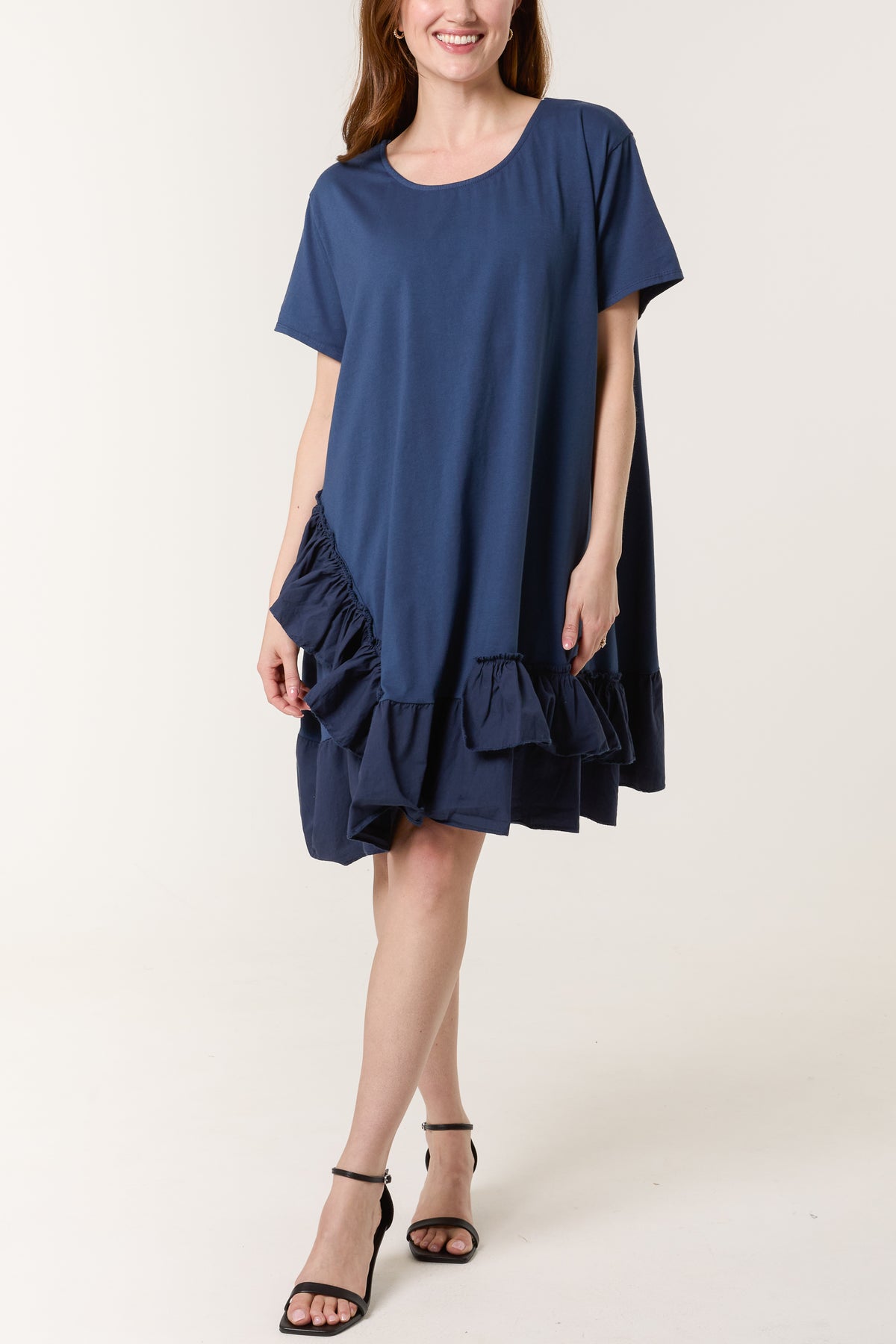 Cotton Blend Ruffle Hem Mini Dress