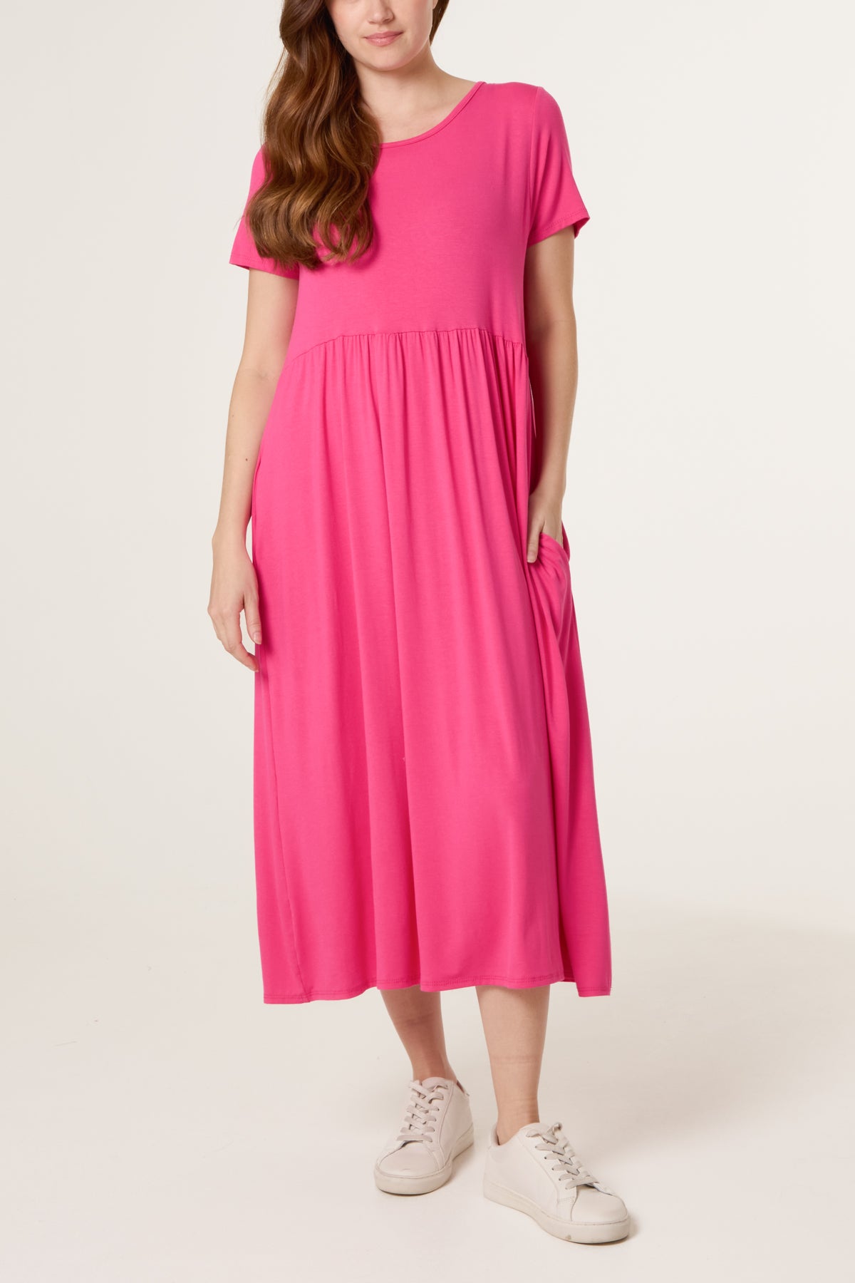 Round Neck Stretch Tiered Midi Dress