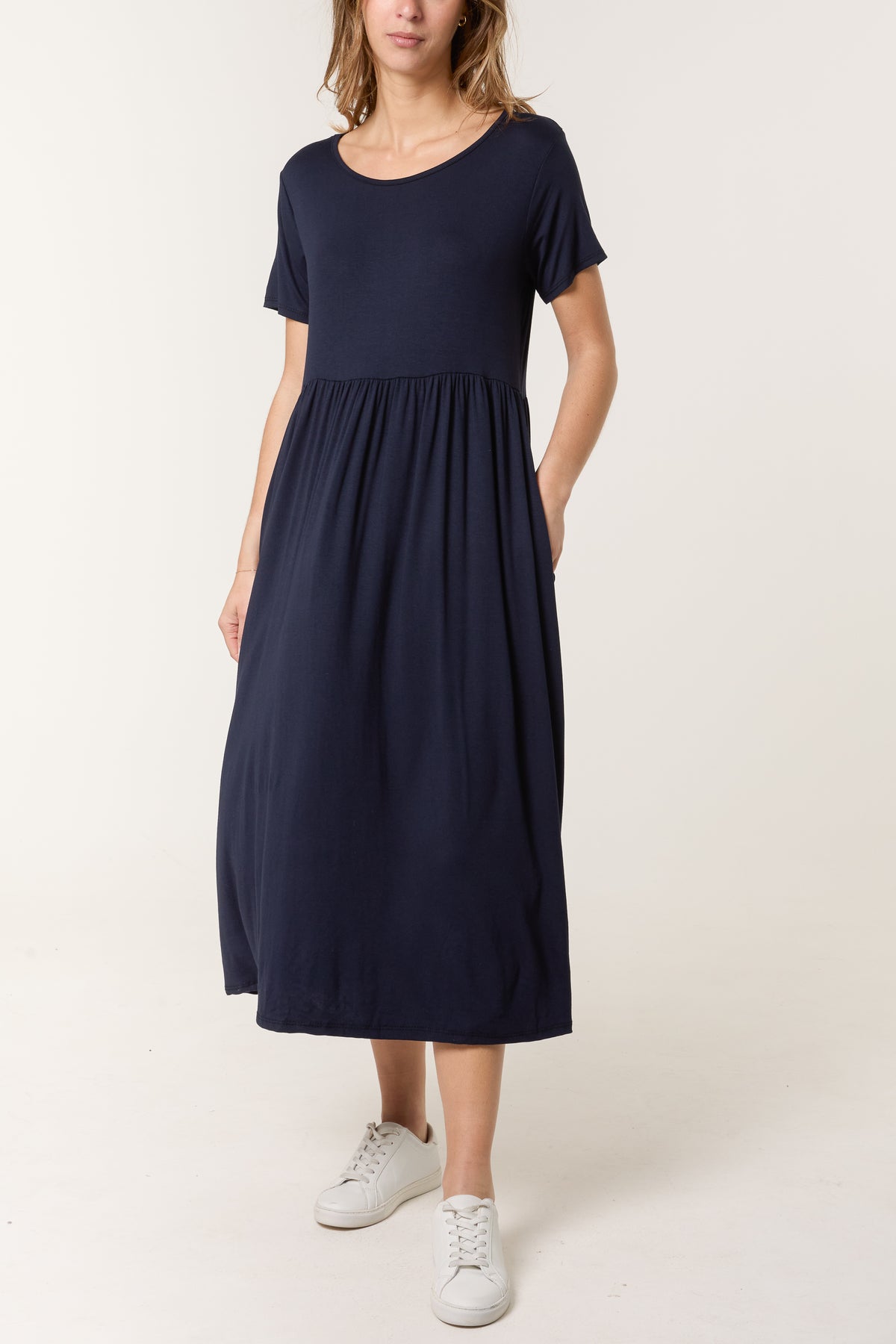 Round Neck Stretch Tiered Midi Dress