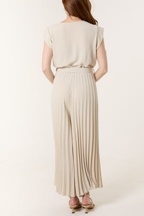 V-Neck Belt Pleated Wide Leg Jumpsuit