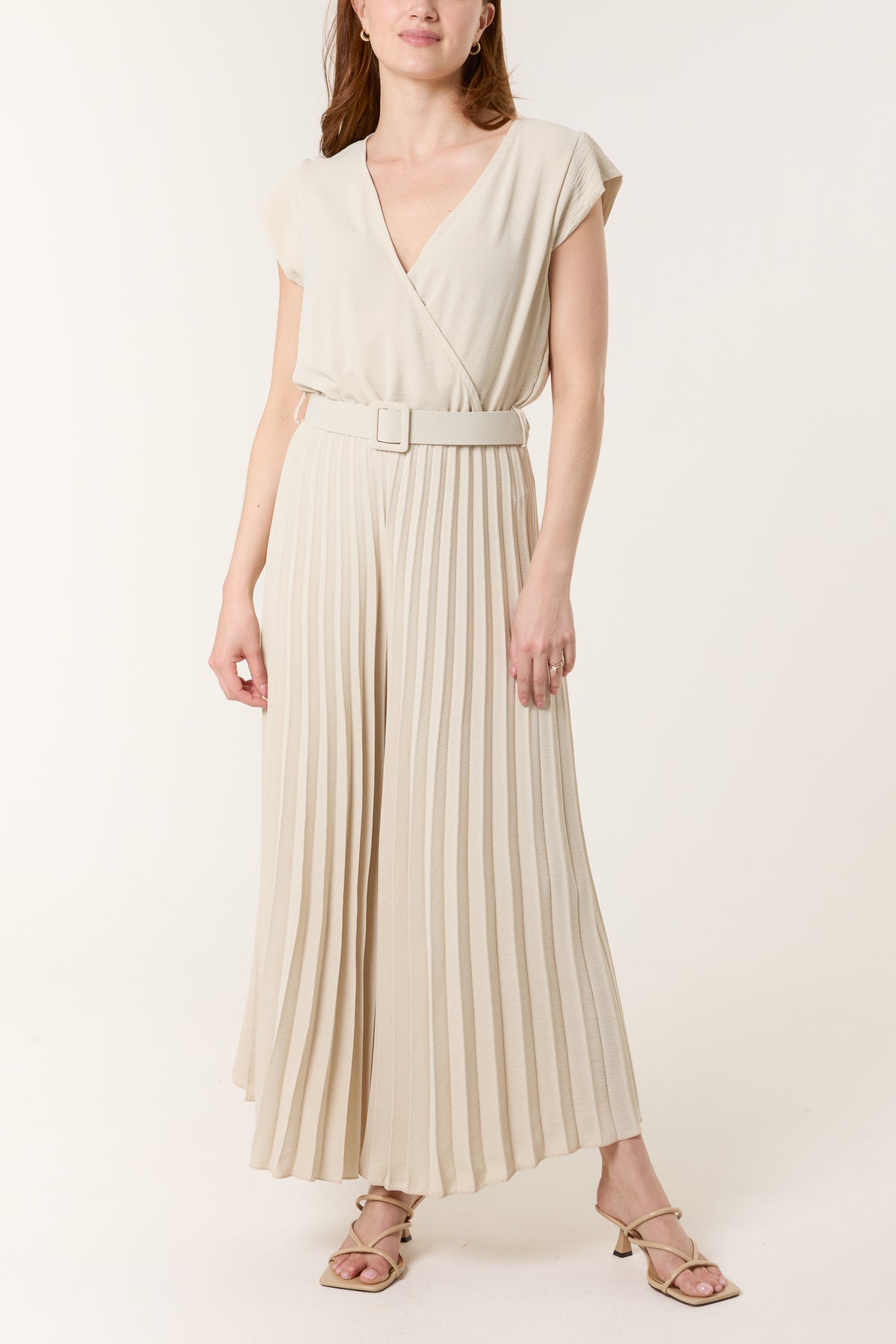 V-Neck Belt Pleated Wide Leg Jumpsuit