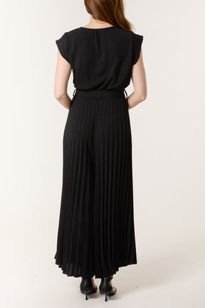 V-Neck Belt Pleated Wide Leg Jumpsuit