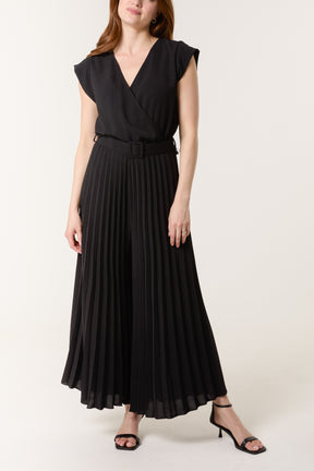 V-Neck Belt Pleated Wide Leg Jumpsuit