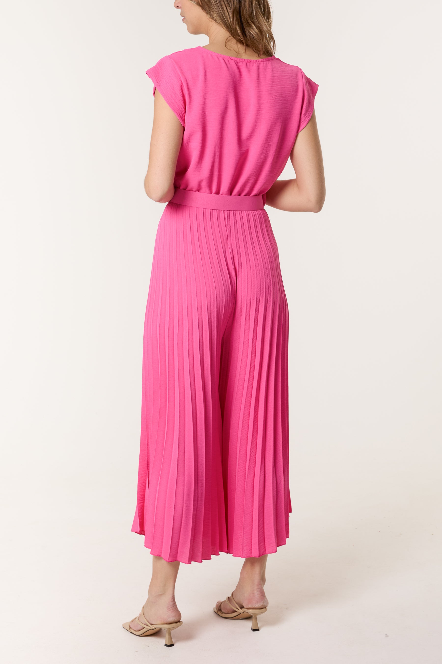 V-Neck Belt Pleated Wide Leg Jumpsuit