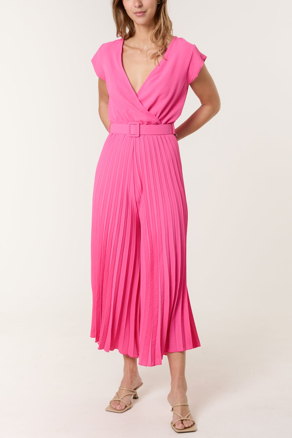 V-Neck Belt Pleated Wide Leg Jumpsuit