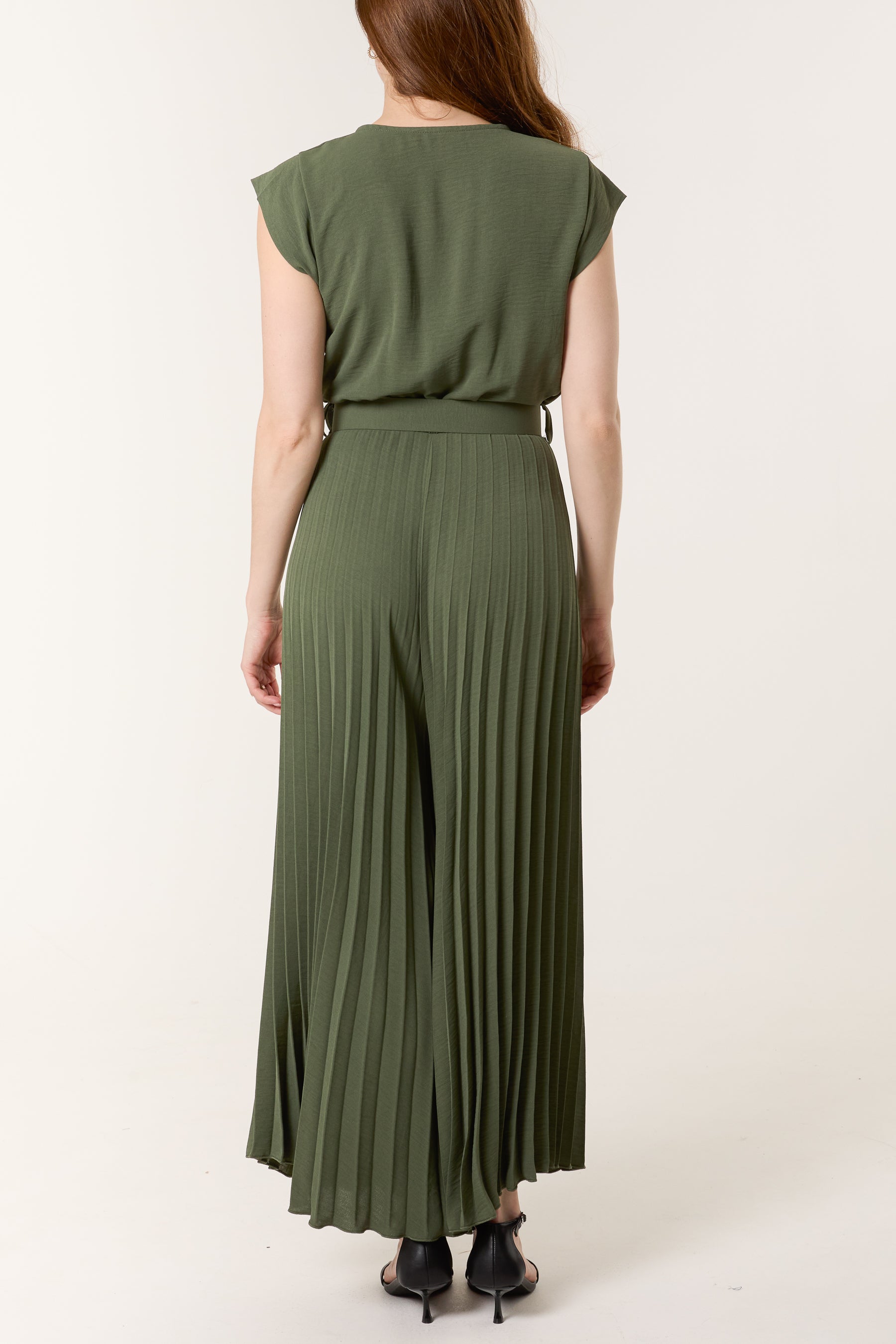 V-Neck Belt Pleated Wide Leg Jumpsuit