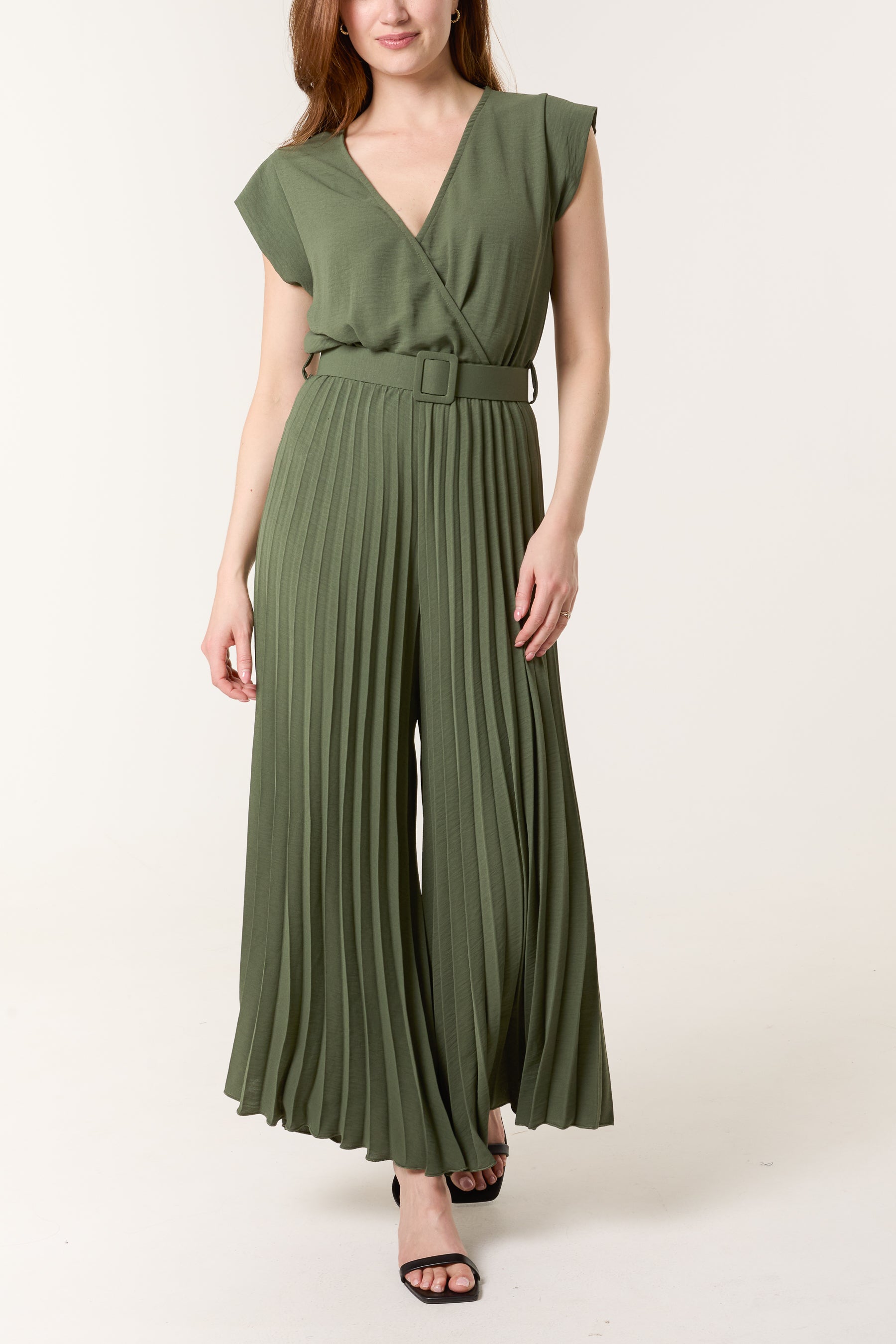 V-Neck Belt Pleated Wide Leg Jumpsuit