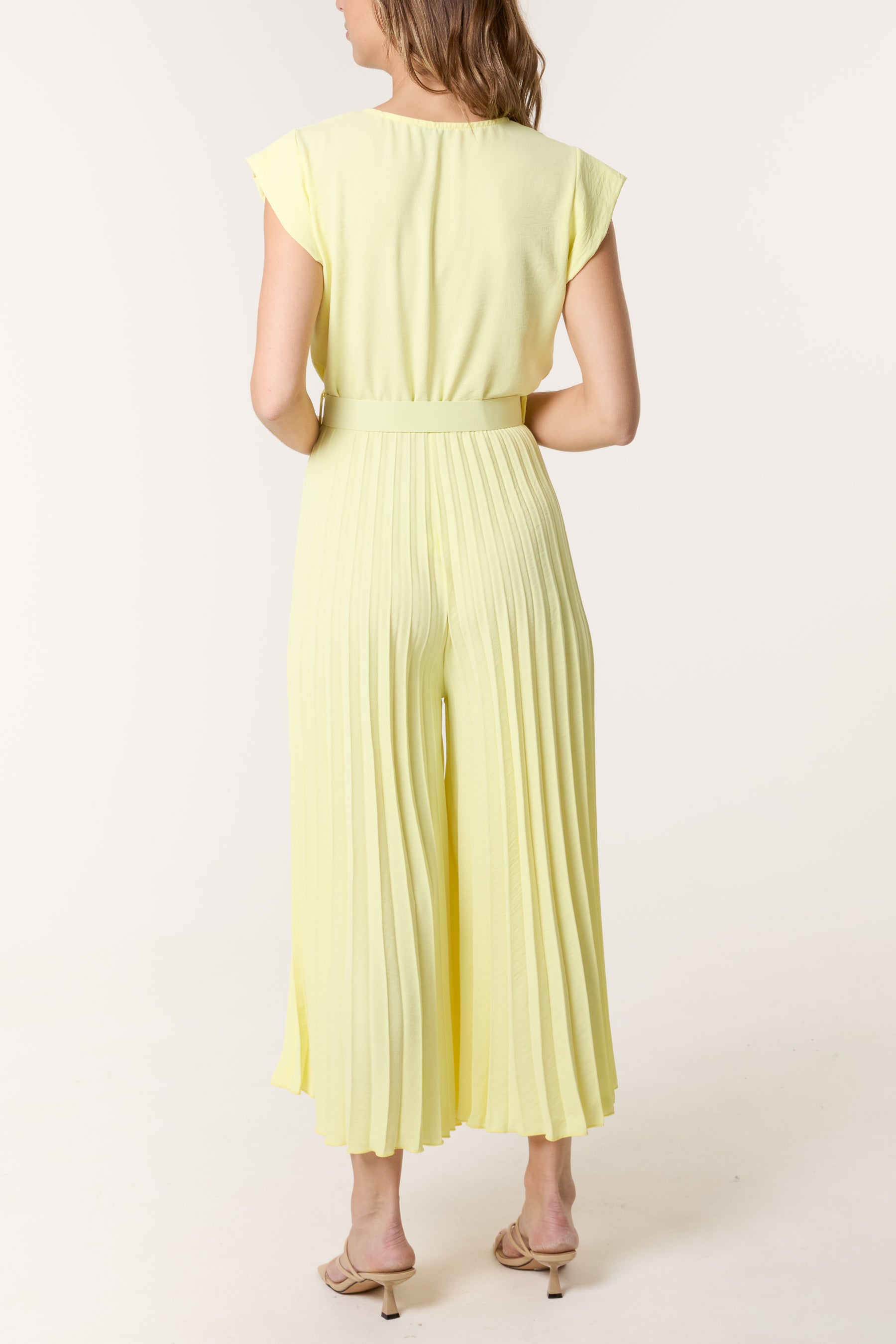 V-Neck Belt Pleated Wide Leg Jumpsuit