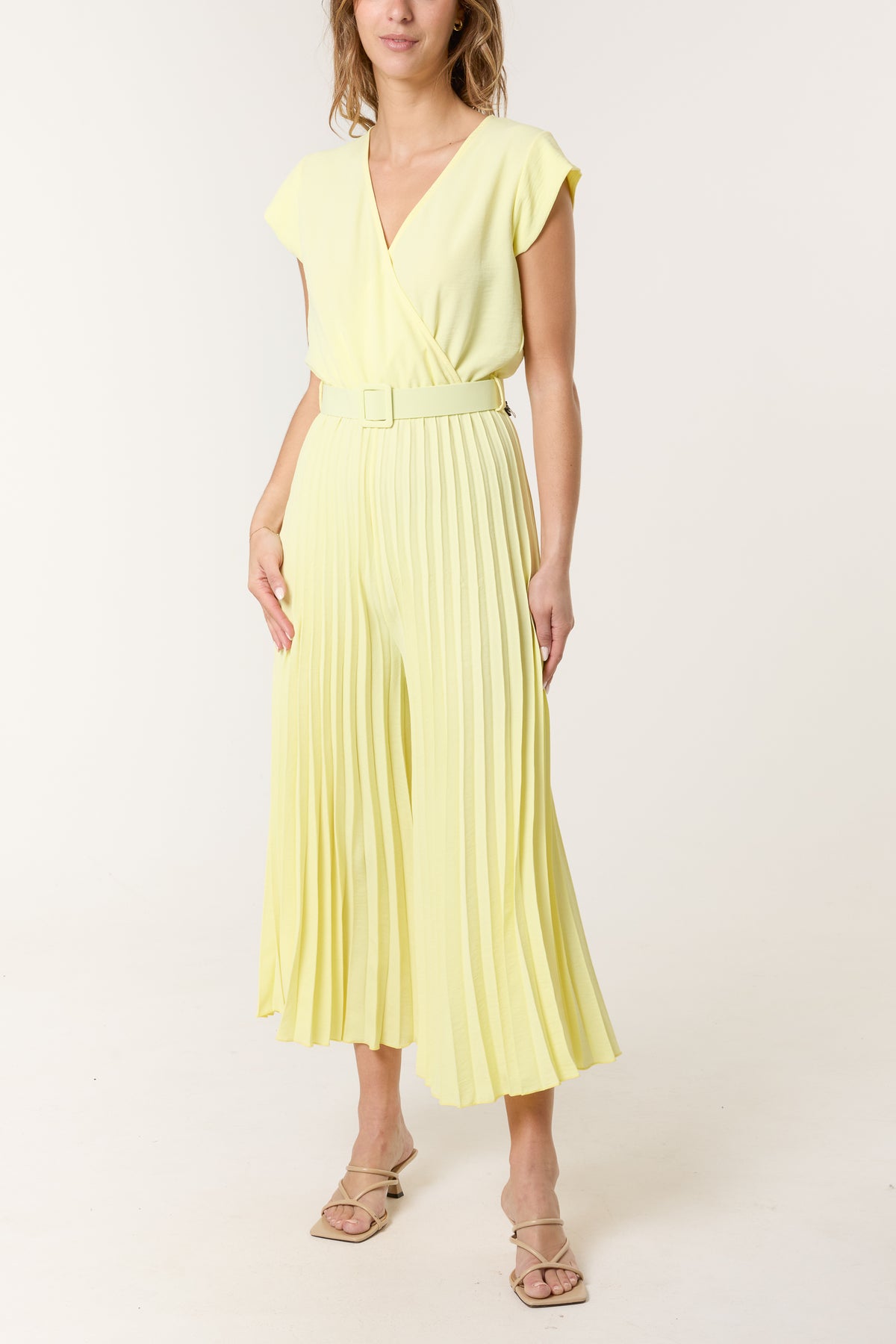 V-Neck Belt Pleated Wide Leg Jumpsuit