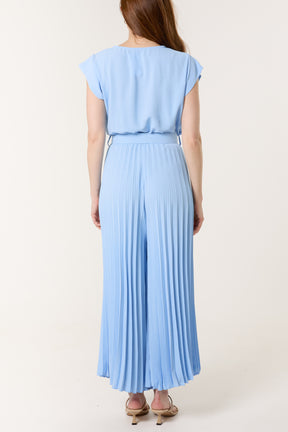 V-Neck Belt Pleated Wide Leg Jumpsuit