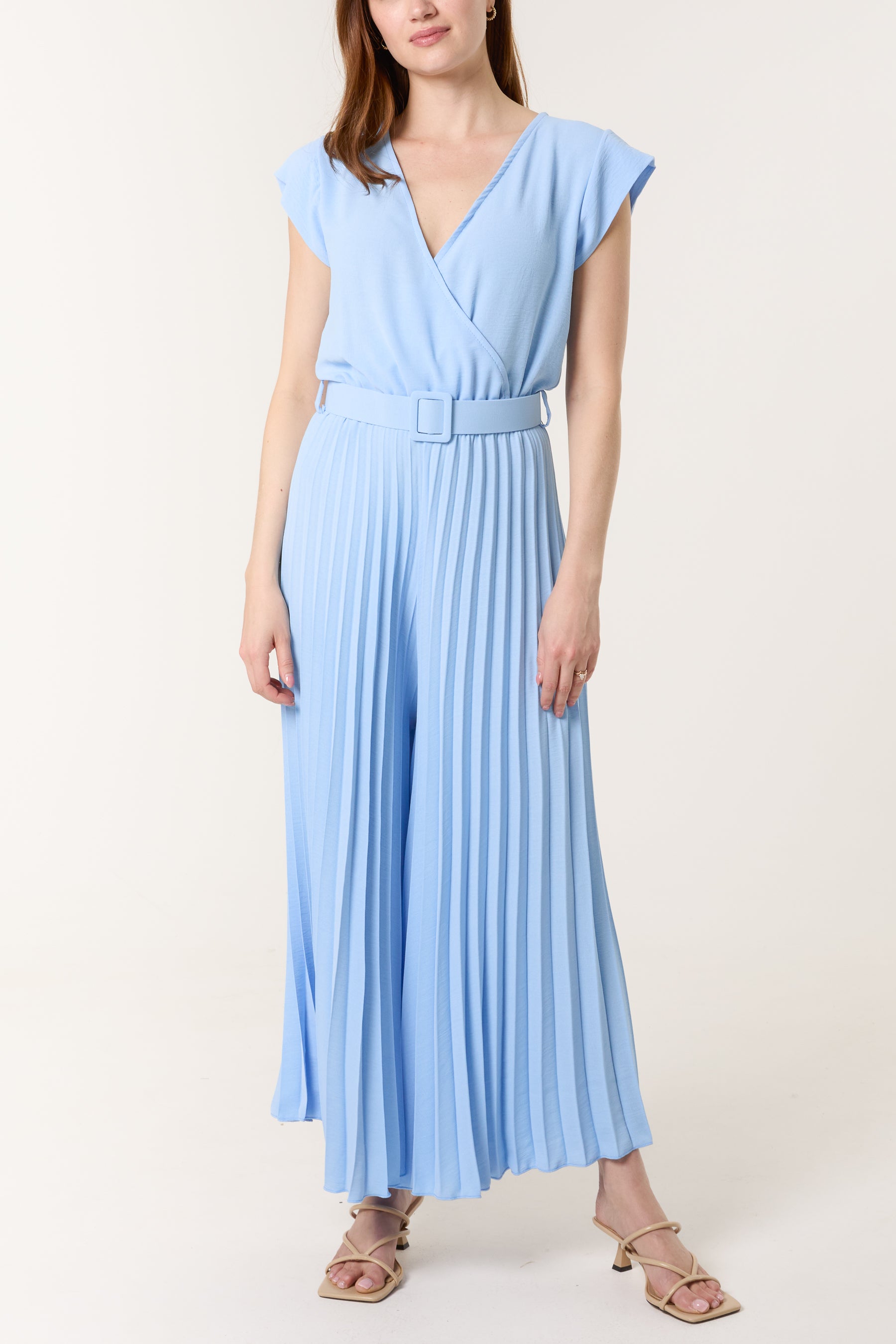 V-Neck Belt Pleated Wide Leg Jumpsuit