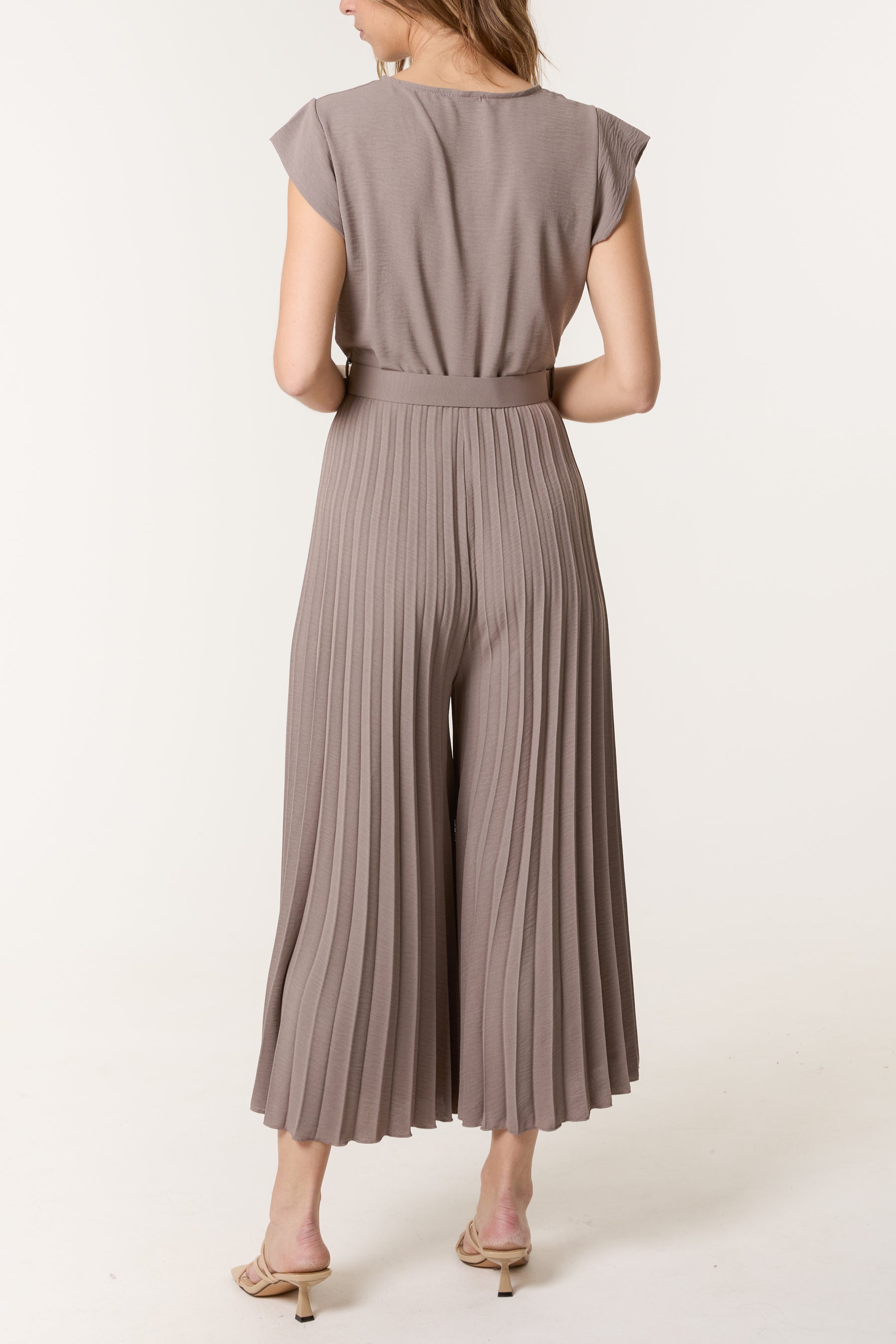 V-Neck Belt Pleated Wide Leg Jumpsuit