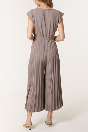 V-Neck Belt Pleated Wide Leg Jumpsuit